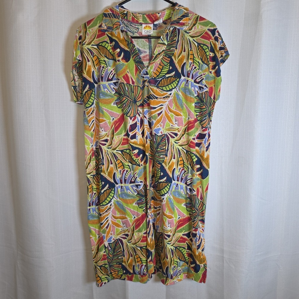 C&C California Dress Women's Size Large Linen Lyocell Multicolor Tropical Beachy
